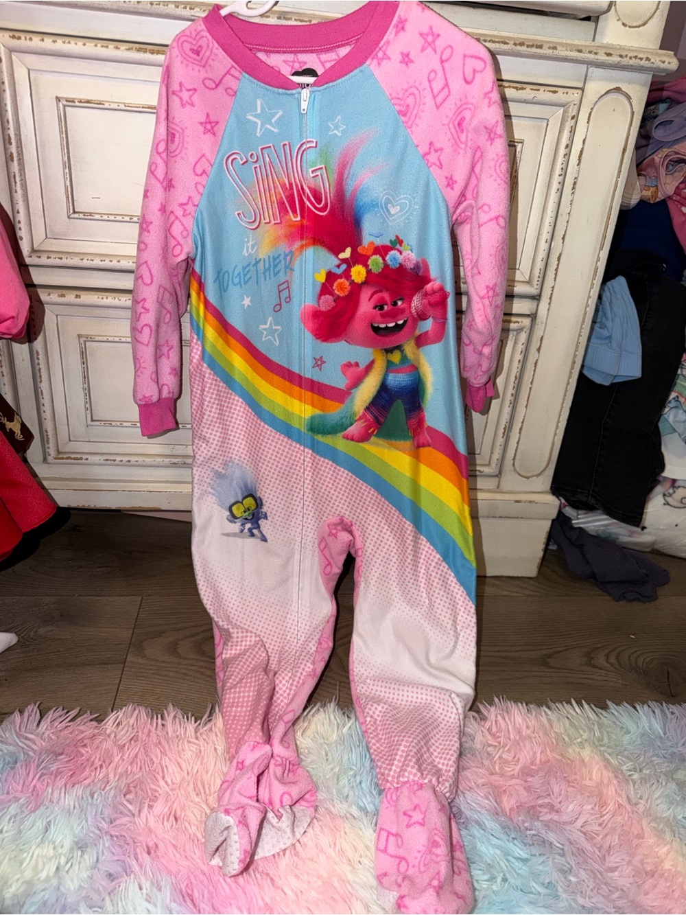 Dreamworks Pink & Blue Trolls 'Sing Together' Kids One-Piece Footie Pajama